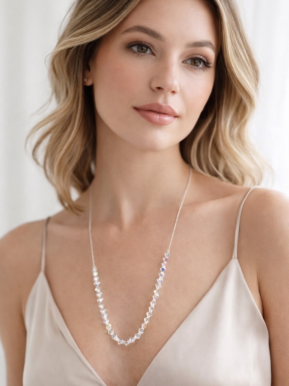 Sterling Silver Swarovski Crystal Necklace 32” Minimalist Sparkle Layering Piece